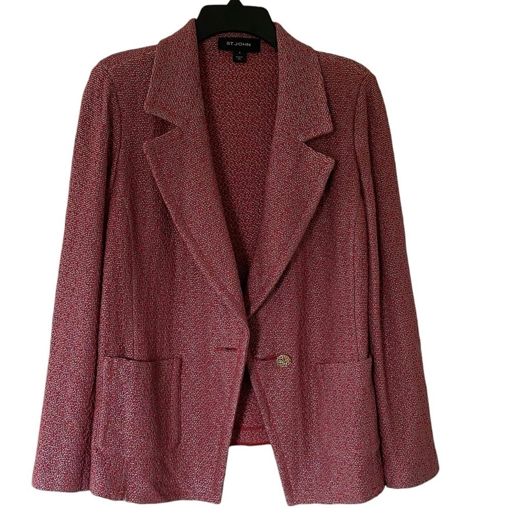 St. John Adina Knit Single Button Longline Blazer rayon wool orange red 8
